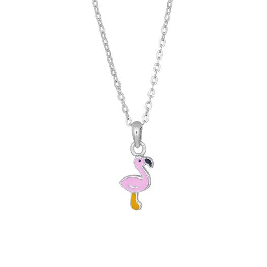 Noa Kids halskæde fra Nordahl Andersen i rhodineret sølv med pink flamingo-vedhæng i emalje, 38 cm.